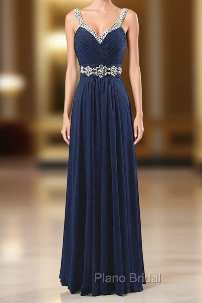 A-Line Spaghetti V-neck Chiffon Pleats Beading Bridesmaid Dresses Main image