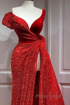 A-Line Sparkle & Shine High Split Formal Prom Formal Evening Dresses V Neck Short Sleeve Court Train Satin With Sequin Slit