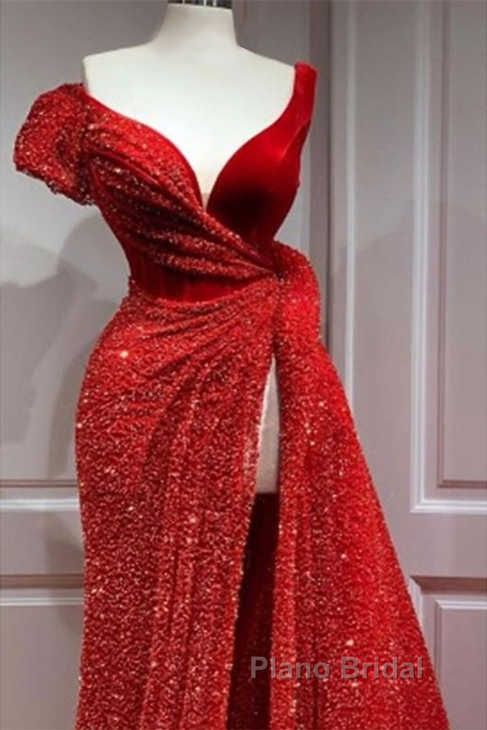 A-Line Sparkle & Shine High Split Formal Prom Formal Evening Dresses V Neck Short Sleeve Court Train Satin With Sequin Slit