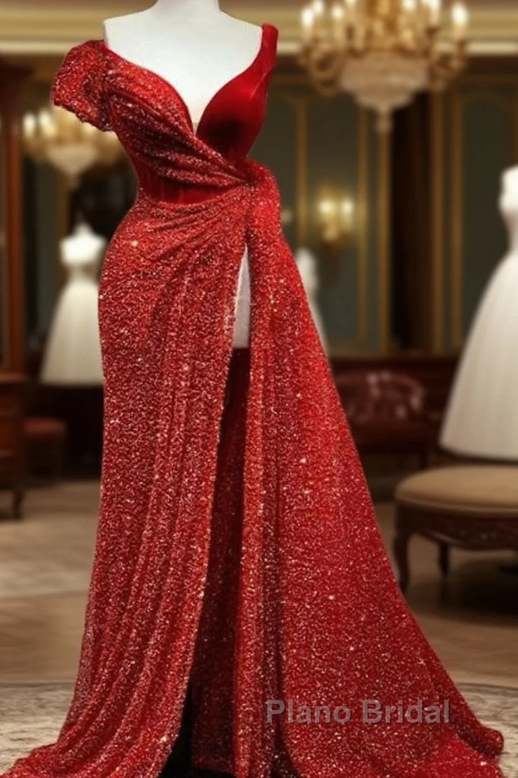 A-Line Sparkle & Shine High Split Formal Prom Formal Evening Dresses V Neck Short Sleeve Court Train Satin With Sequin Slit