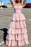 A Line Square Neck Blush Pink Tiered Prom Dress with Ruffles