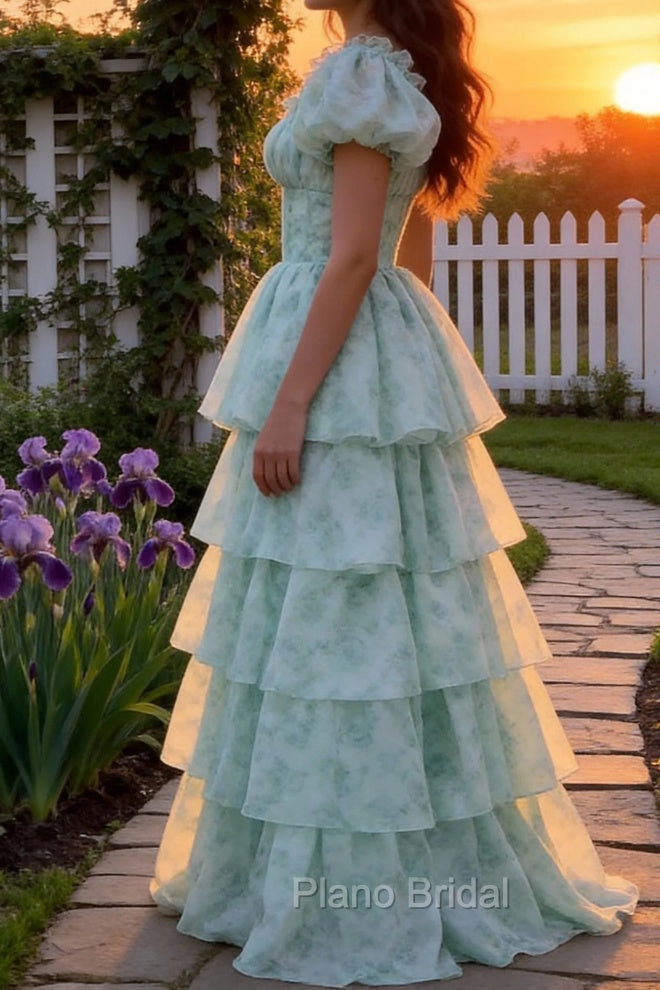 A Line Square Neck Green Tiered Prom Dress with Ruffles