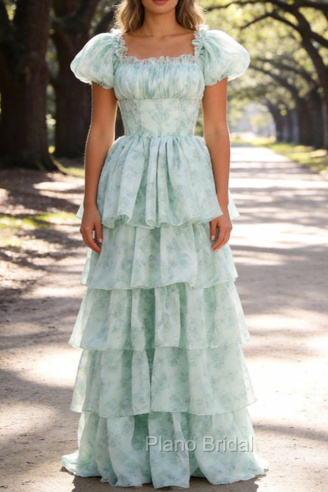A Line Square Neck Green Tiered Prom Dress with Ruffles