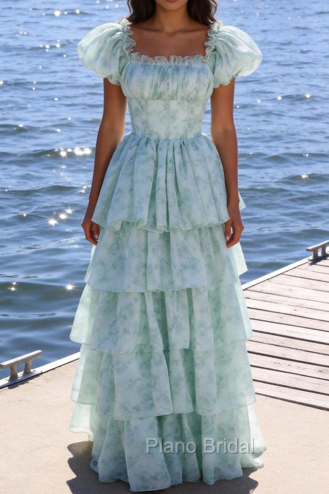 A Line Square Neck Green Tiered Prom Dress with Ruffles