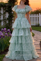 A Line Square Neck Green Tiered Prom Dress with Ruffles