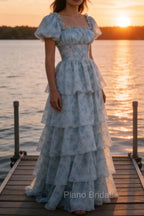 A Line Square Neck Light Blue Tiered Prom Dress with Ruffles