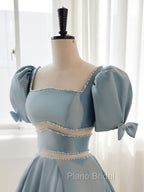 A-Line Square Neckline Blue Short Formal Prom Dresses, Cute Blue Homecoming Dresses