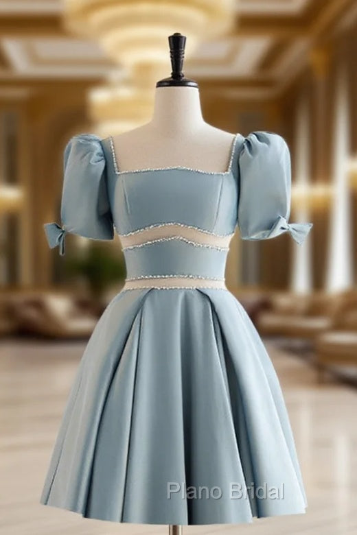 A-Line Square Neckline Blue Short Formal Prom Dresses, Cute Blue Homecoming Dresses