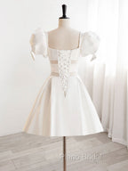 A-Line Square Neckline Ivory Short Formal Prom Dresses, Cute  lvory Homecoming Dresses
