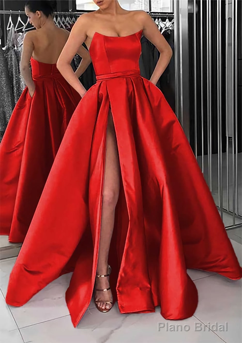 A-line Square Neckline Long/Floor-Length Satin Prom Dresses With Pockets Split