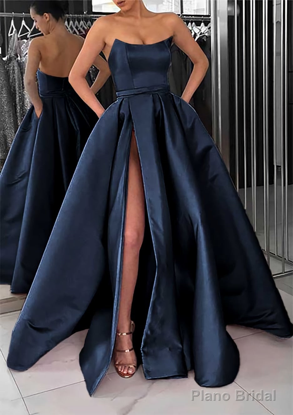 A-line Square Neckline Long/Floor-Length Satin Prom Dresses With Pockets Split Secondary image