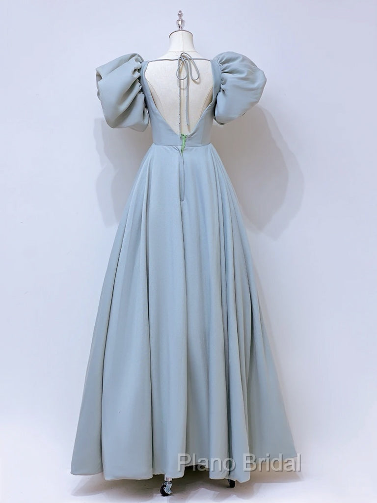 A-Line  Square Neckline Puff sleeves Long Blue Formal Prom Dresses, Blue Long Formal Dresses Secondary image