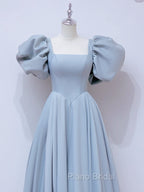 A-Line  Square Neckline Puff sleeves Long Blue Formal Prom Dresses, Blue Long Formal Dresses