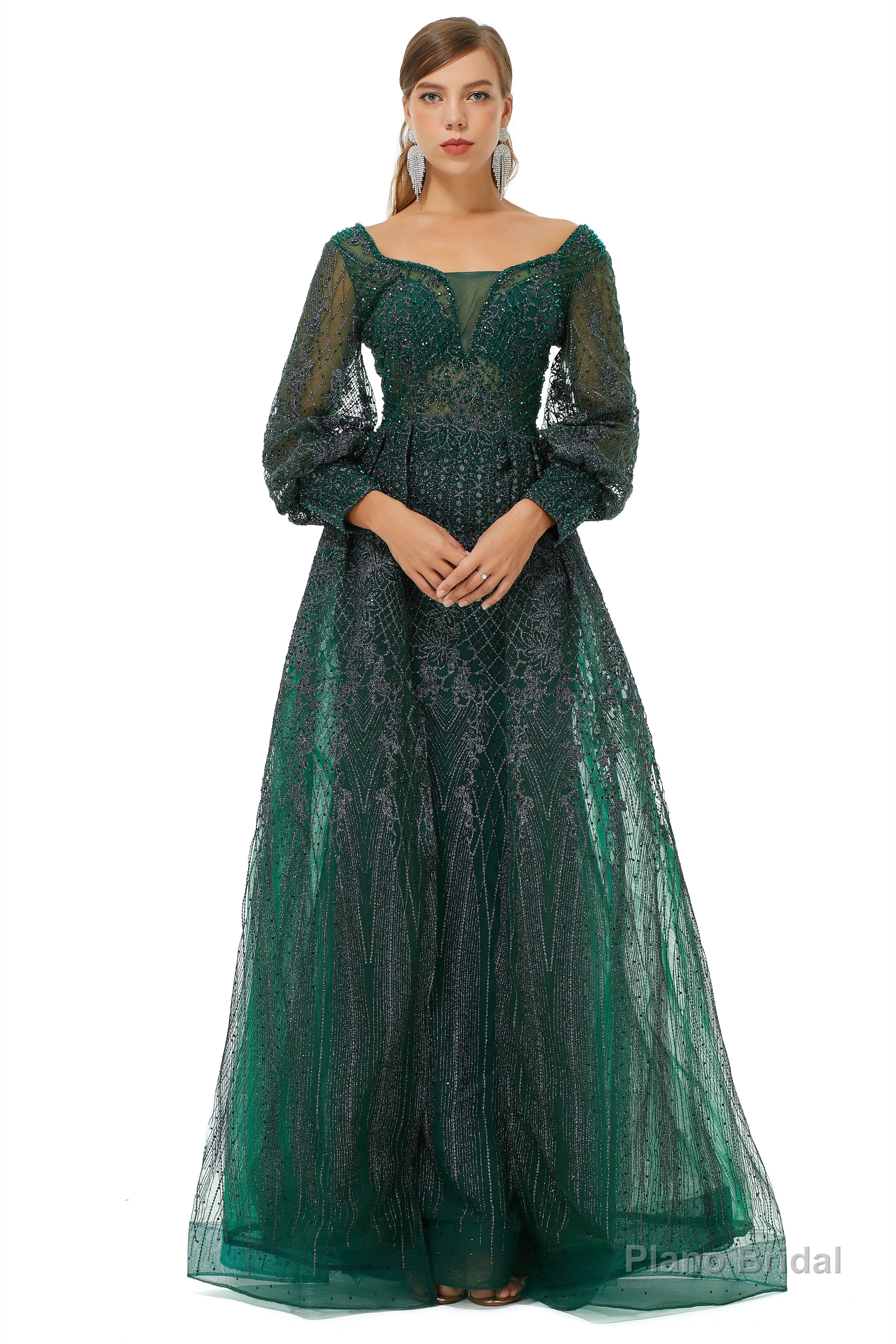 A-Line Square Neckline Sequined Floor-Length Long Sleeve Open Back Appliques Lace Prom Dresses Main image