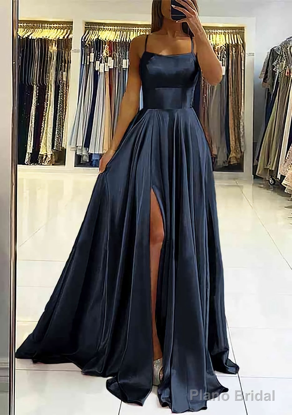 A-line Square Neckline Sleeveless Satin Sweep Train Prom Dresses With Pleated Secondary image