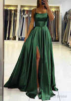 A-line Square Neckline Sleeveless Satin Sweep Train Prom Dresses With Pleated