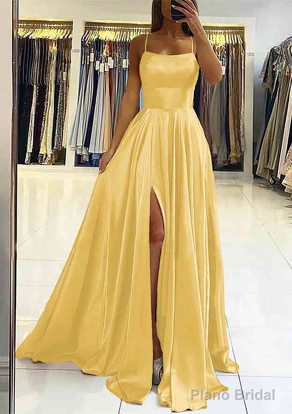 A-line Square Neckline Sleeveless Satin Sweep Train Prom Dresses With Pleated