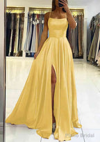 A-line Square Neckline Sleeveless Satin Sweep Train Prom Dresses With Pleated