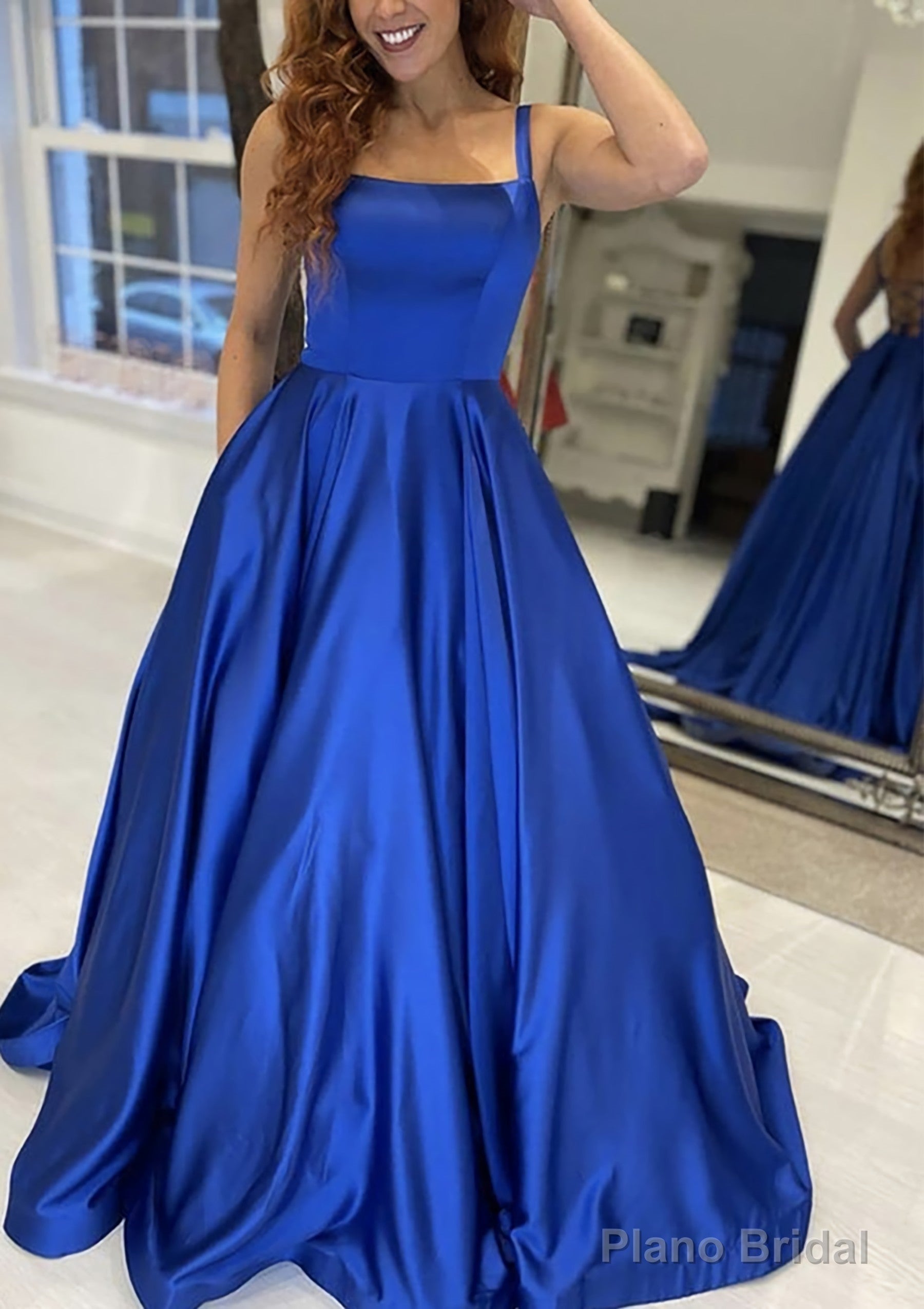 A-line Square Neckline Sleeveless Sweep Train Satin Prom Dresses With Pockets Main image