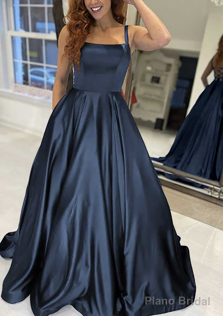 A-line Square Neckline Sleeveless Sweep Train Satin Prom Dresses With Pockets Secondary image