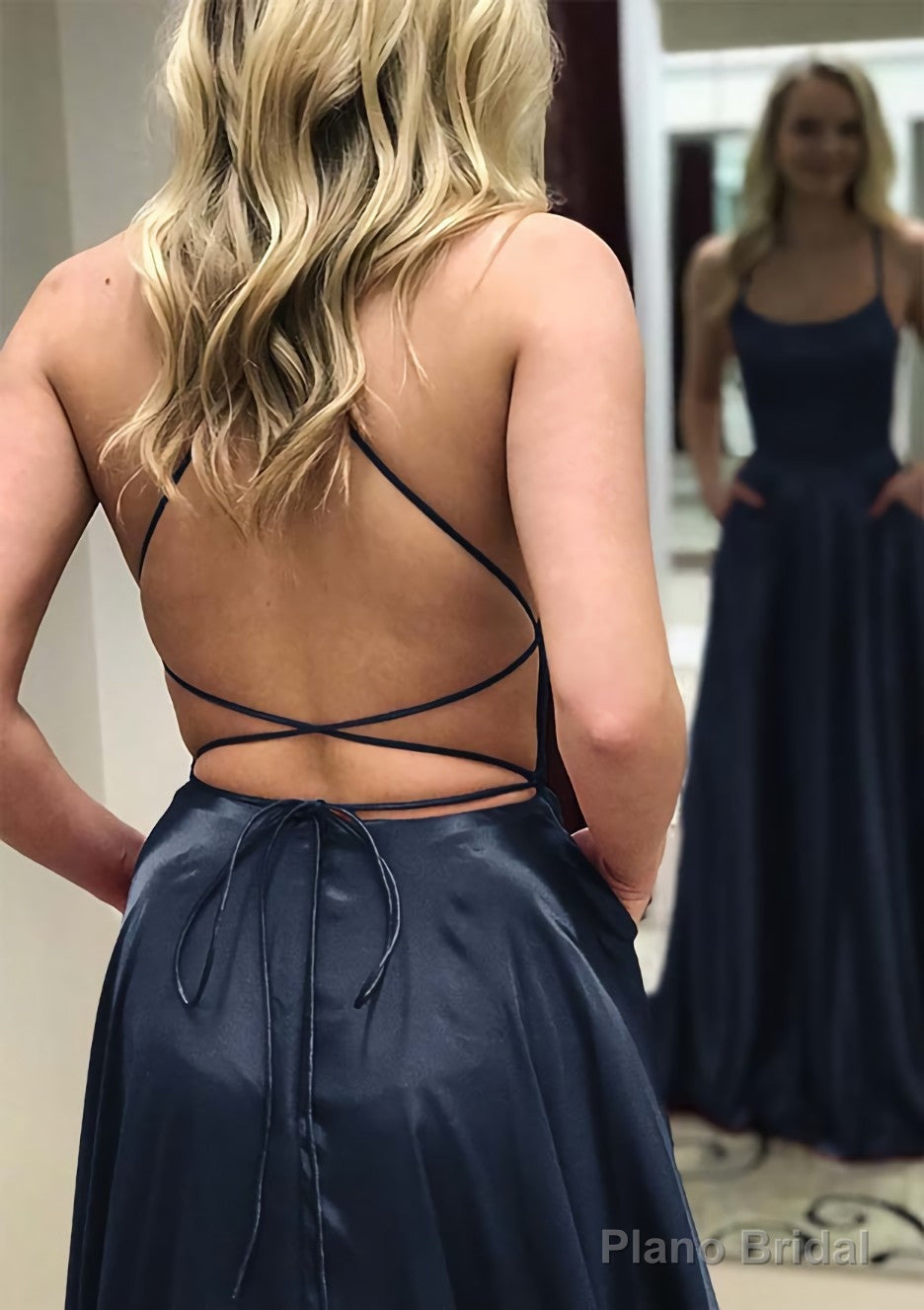 A-line Square Neckline Spaghetti Straps Long/Floor-Length Charmeuse Prom Dresses With Split