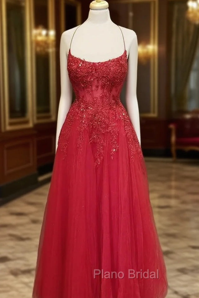 A-line Square Neckline Spaghetti Straps Long/Floor-Length Tulle Formal Prom Dresses With Appliqued Beading Glitter