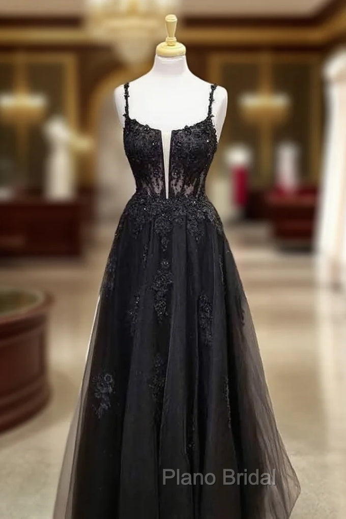 A-line Square Neckline Spaghetti Straps Long/Floor-Length Tulle Formal Prom Dresses With Glitter Beading Appliqued- Formal Prom Dresses Main image