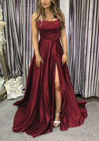 A-line Square Neckline Spaghetti Straps Sweep Train Charmeuse Prom Dresses