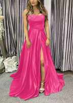 A-line Square Neckline Spaghetti Straps Sweep Train Charmeuse Prom Dresses