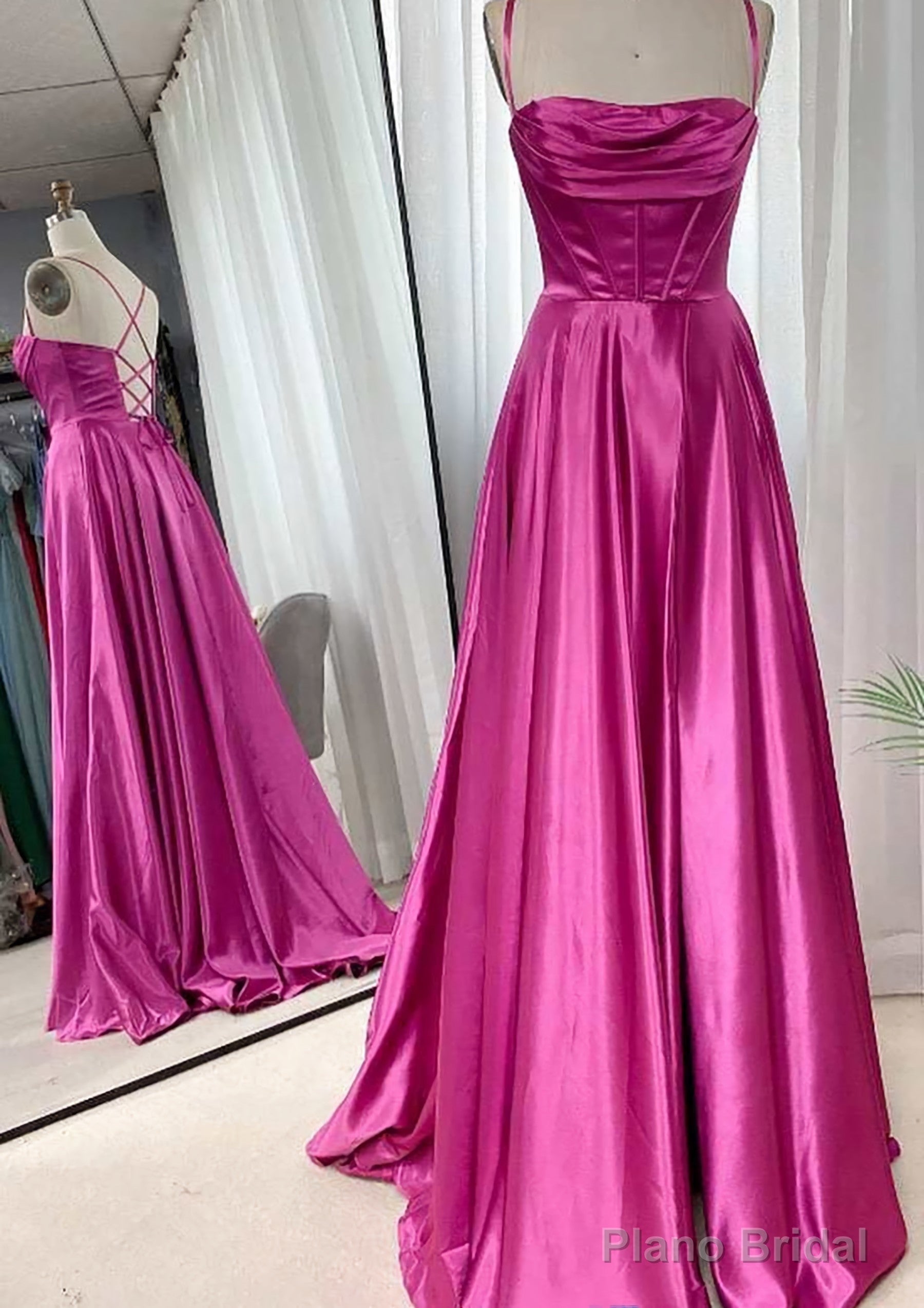 A-line Square Neckline Spaghetti Straps Sweep Train Charmeuse Prom Dresses With Pleated Main image
