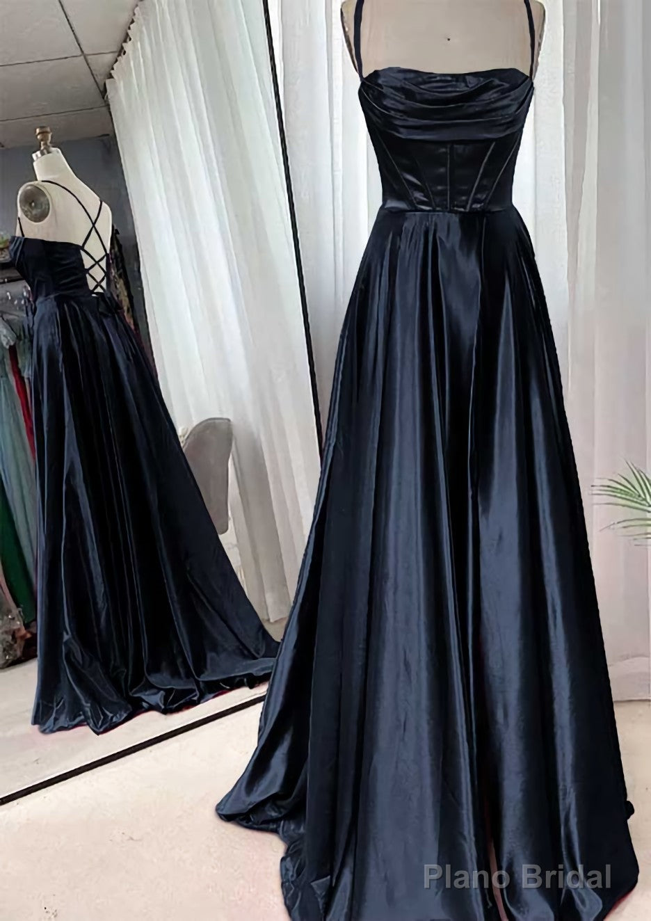 A-line Square Neckline Spaghetti Straps Sweep Train Charmeuse Prom Dresses With Pleated Secondary image