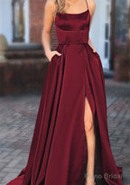 A-line Square Neckline Spaghetti Straps Sweep Train Charmeuse Prom Dresses With Pockets Split
