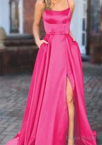 A-line Square Neckline Spaghetti Straps Sweep Train Charmeuse Prom Dresses With Pockets Split