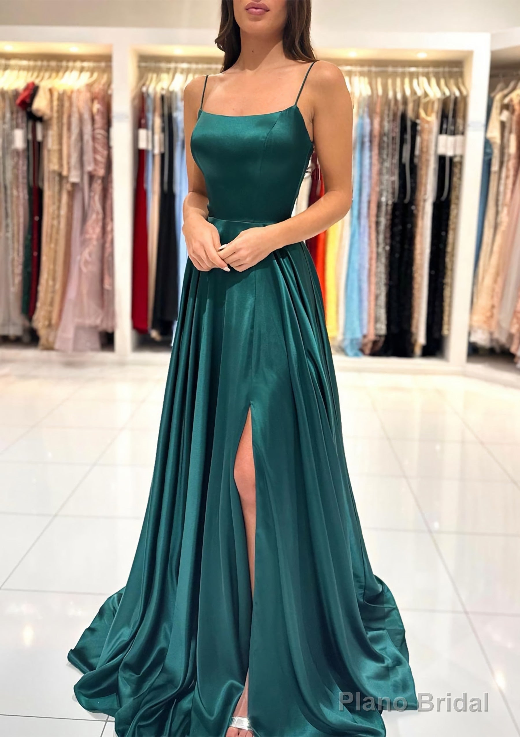 A-line Square Neckline Spaghetti Straps Sweep Train Charmeuse Prom Dresses With Split
