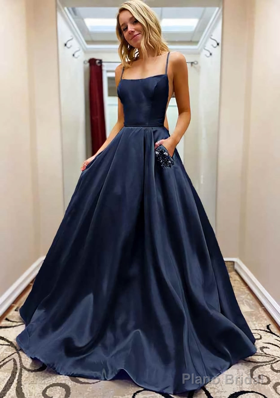 A-line Square Neckline Spaghetti Straps Sweep Train Satin Prom Dresses With Beading Pockets