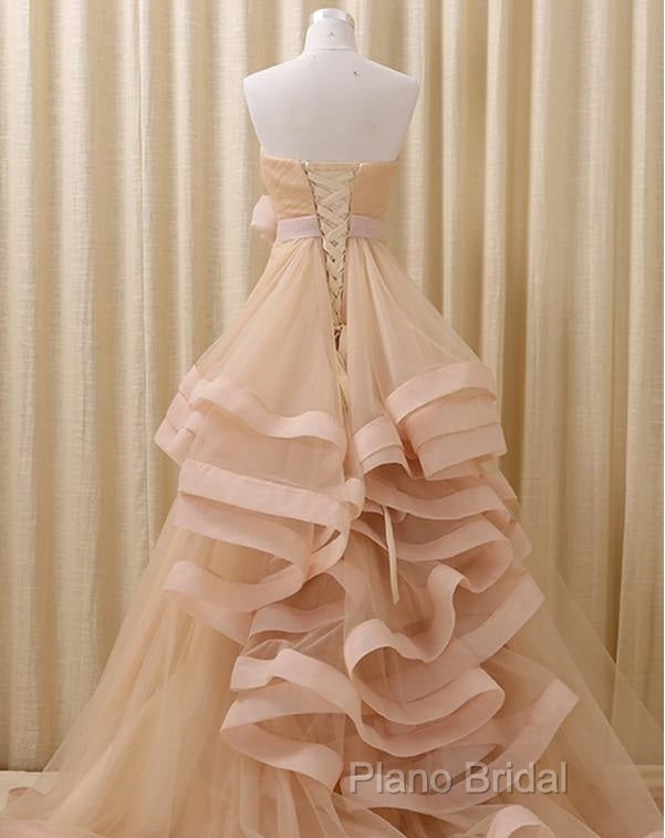 A-Line Stomacher Tiered Wedding Dresses Court Train With Appliques