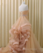 A-Line Stomacher Tiered Wedding Dresses Court Train With Appliques