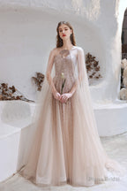 A Line Strapless Beading Tulle Court Train Prom Dresses