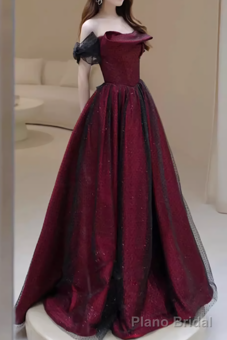A line Strapless Black Party Dress Long Burgundy Prom Dress