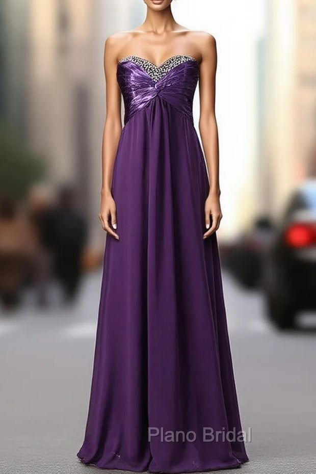 A Line Strapless Chiffon Purple Floor Length Bridesmaid Dresses