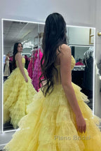 A Line Strapless Corset Glitter Tulle Formal Prom Dress with Ruffles