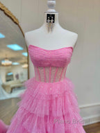A Line Strapless Corset Glitter Tulle Formal Prom Dress with Ruffles