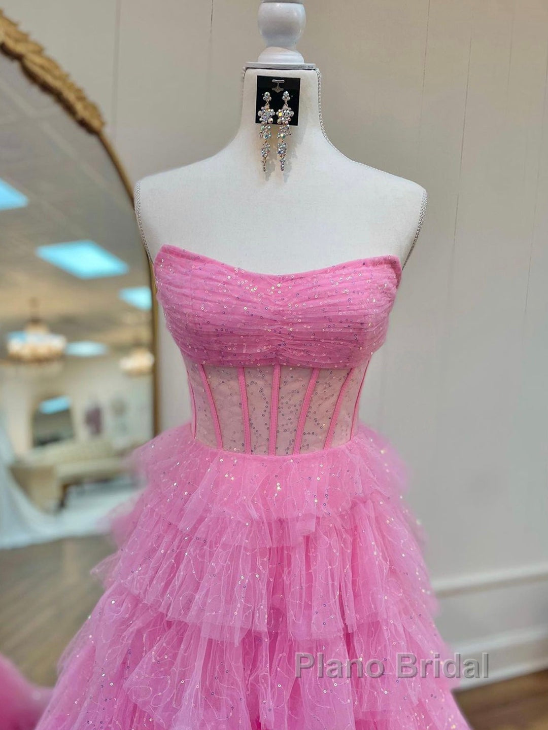A Line Strapless Corset Glitter Tulle Formal Prom Dress with Ruffles