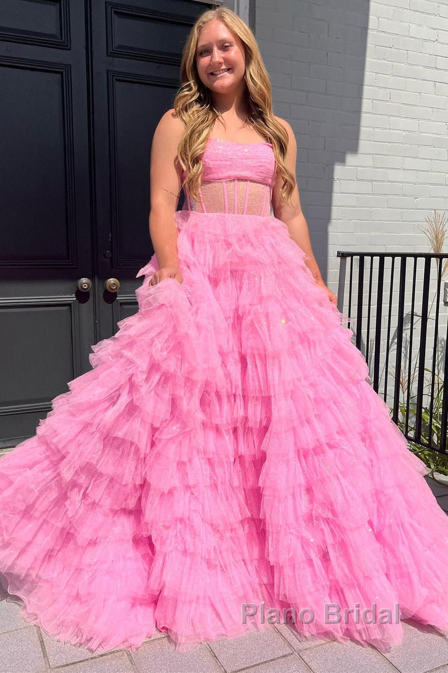 A Line Strapless Corset Glitter Tulle Formal Prom Dress with Ruffles
