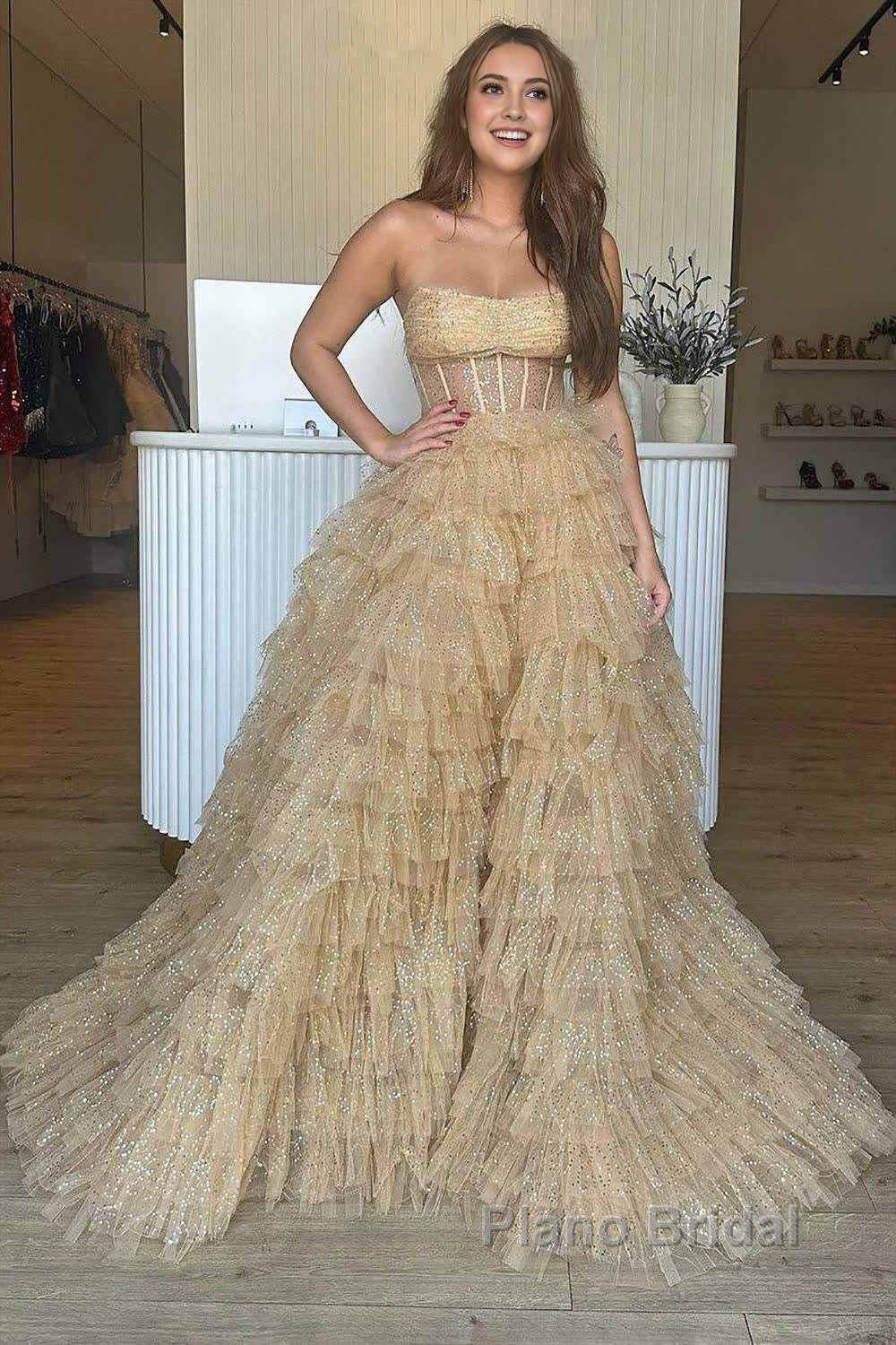 A Line Strapless Corset Glitter Tulle Formal Prom Dress with Ruffles