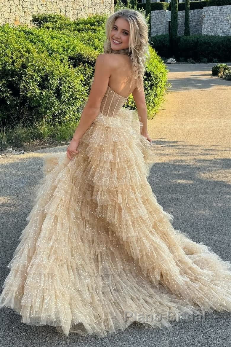 A Line Strapless Corset Glitter Tulle Formal Prom Dress with Ruffles
