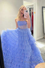A Line Strapless Corset Glitter Tulle Formal Prom Dress with Ruffles