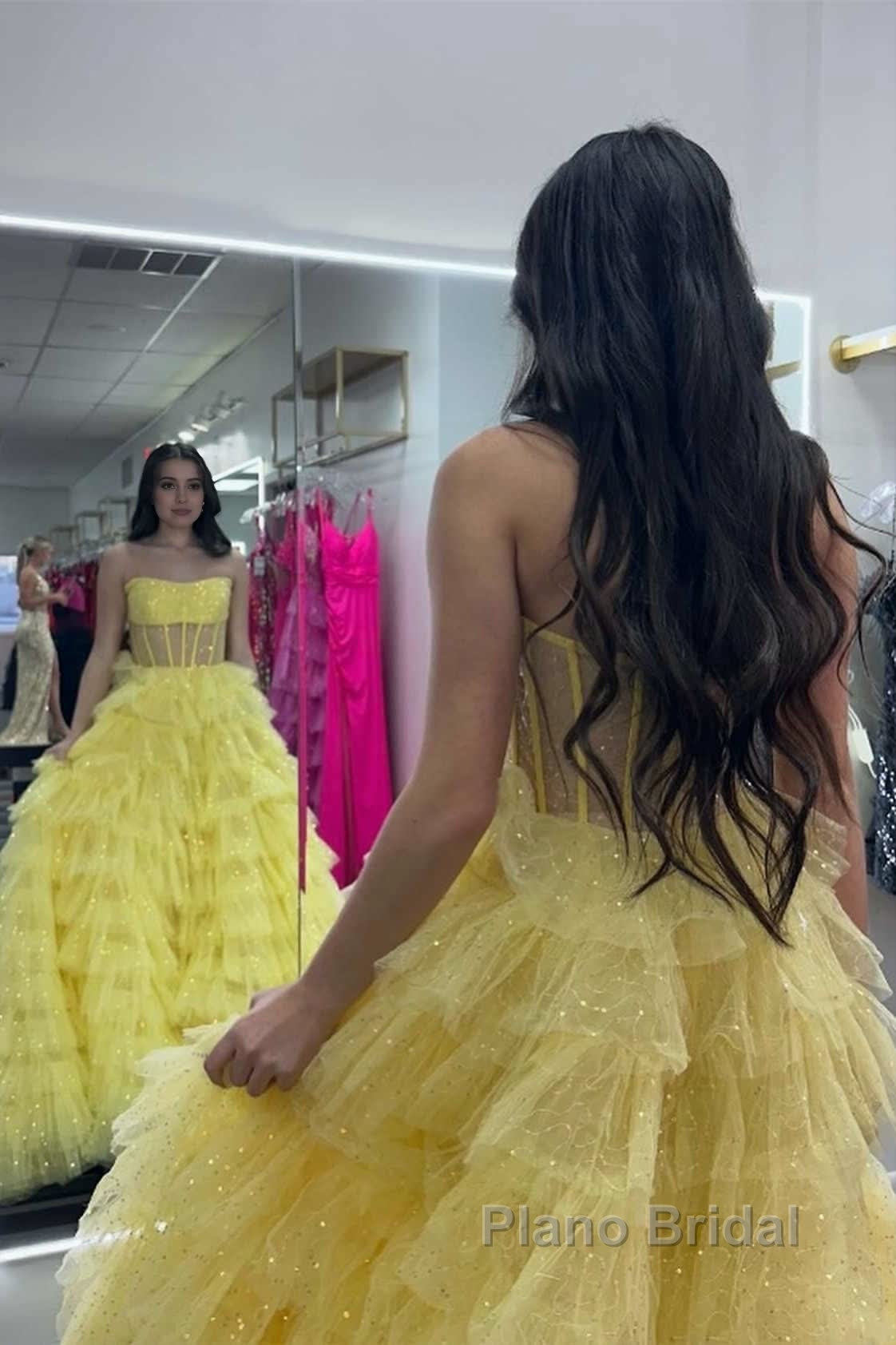 A Line Strapless Corset Glitter Tulle Formal Prom Dress with Ruffles