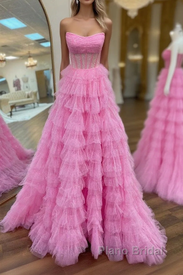 A Line Strapless Corset Glitter Tulle Formal Prom Dress with Ruffles Main image