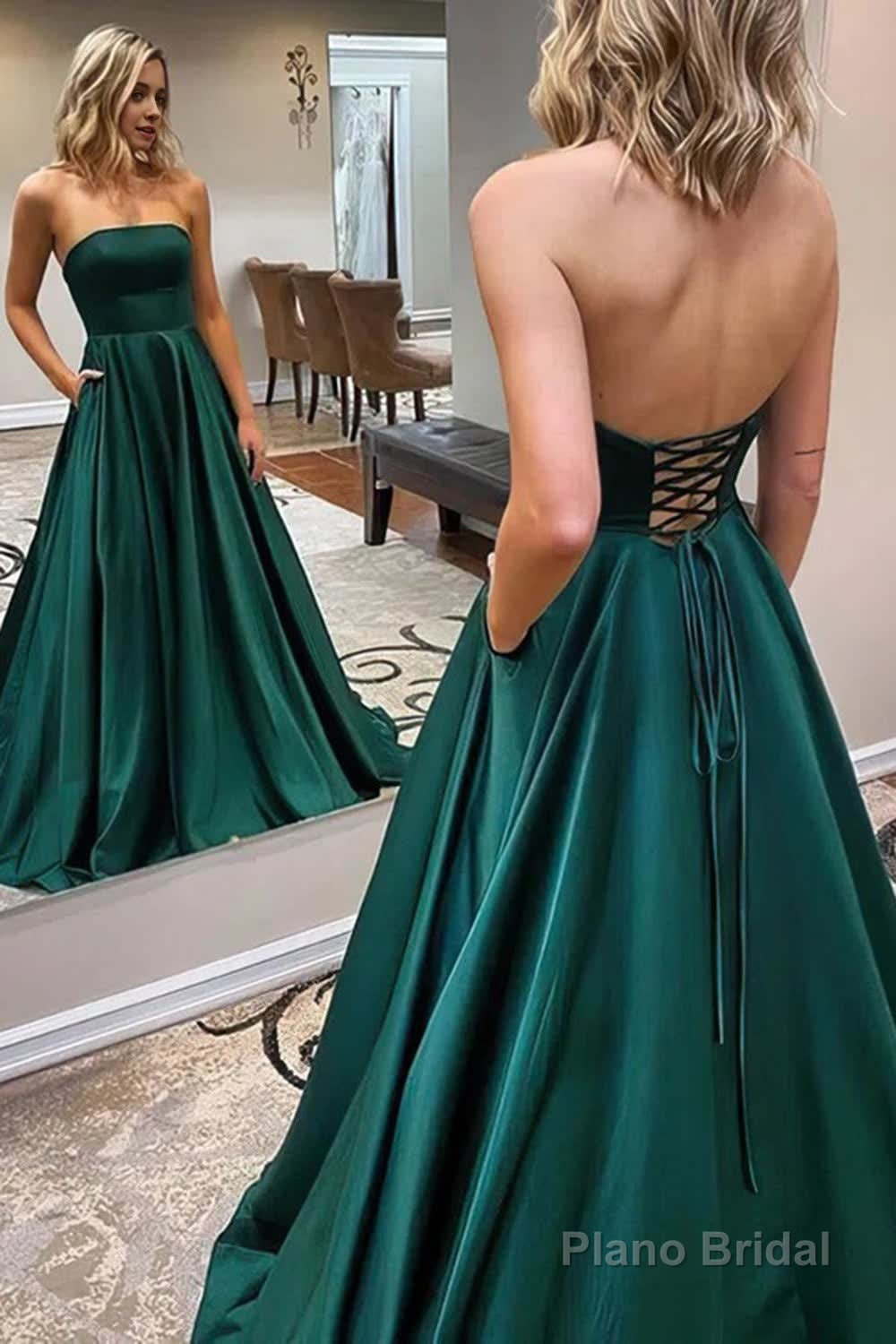A Line Strapless Dark Green Long Prom Dress Criss Cross Back Main image